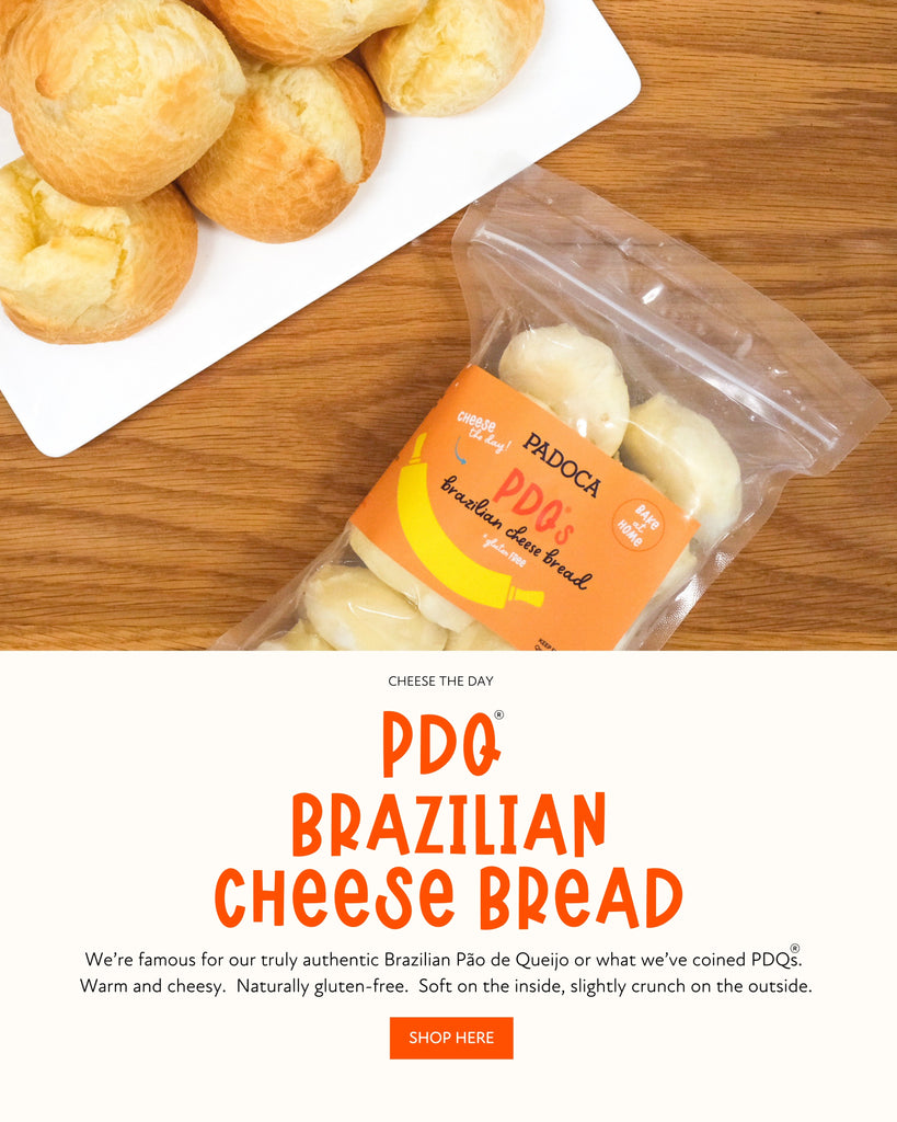 A picture of Brazilian Pao de Queijo baked and frozen in a bag with a shop here button.