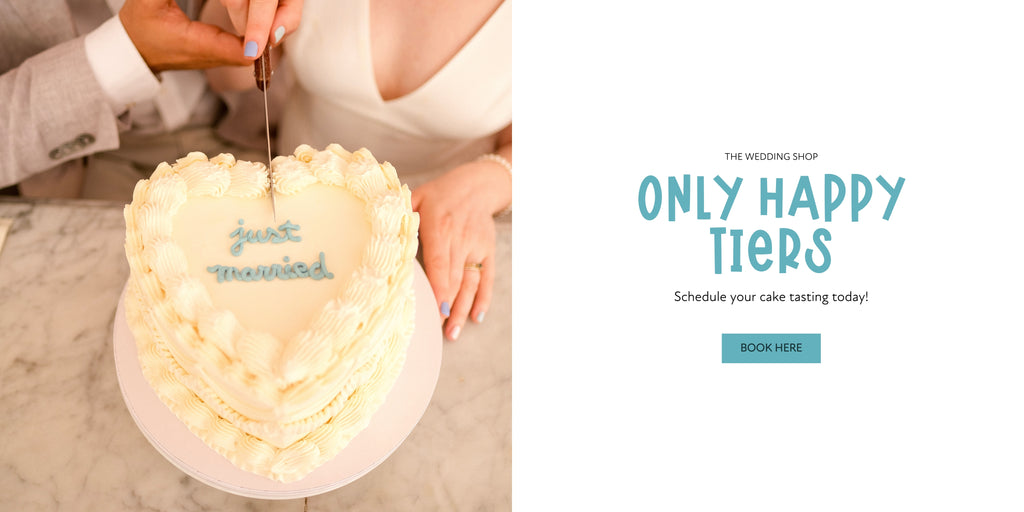 A picture of a heart shaped wedding cake that says just married. With a book here call to action