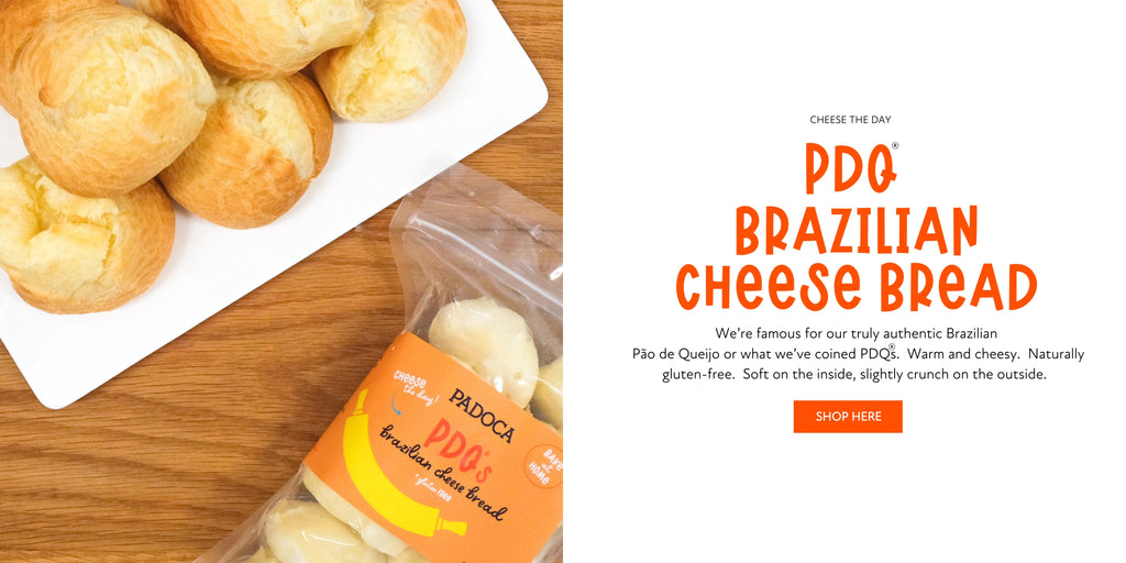 A picture of Brazilian Pao de Queijo baked and frozen in a bag with a shop here button 