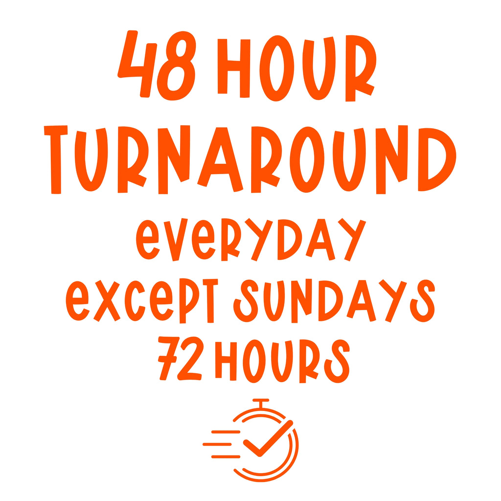 This thumbnail reads 48 hour Turnaround everyday except sundays which is 72 hours